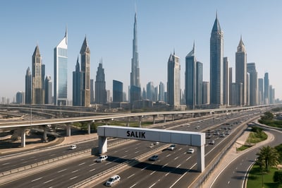 Dubai skyline with highway and toll gate
