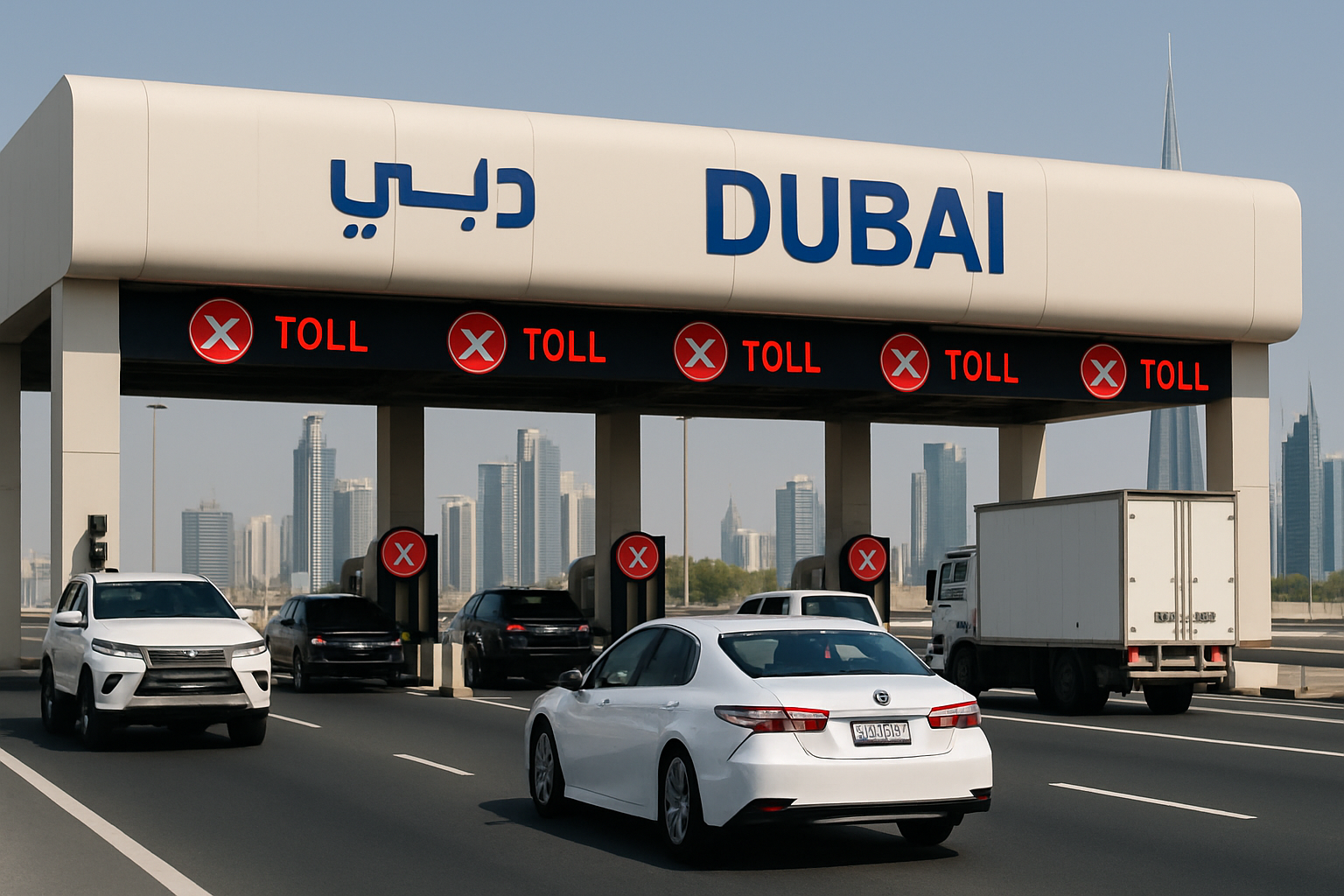 Vehicles passing through a Dubai toll plaza